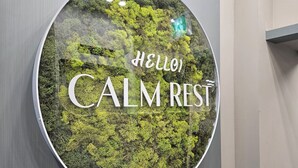 A circular wall-mounted sign with a moss-like texture and the text "HELLO! CALM REST" in white letters. - Calmrest Masan (Changwon)