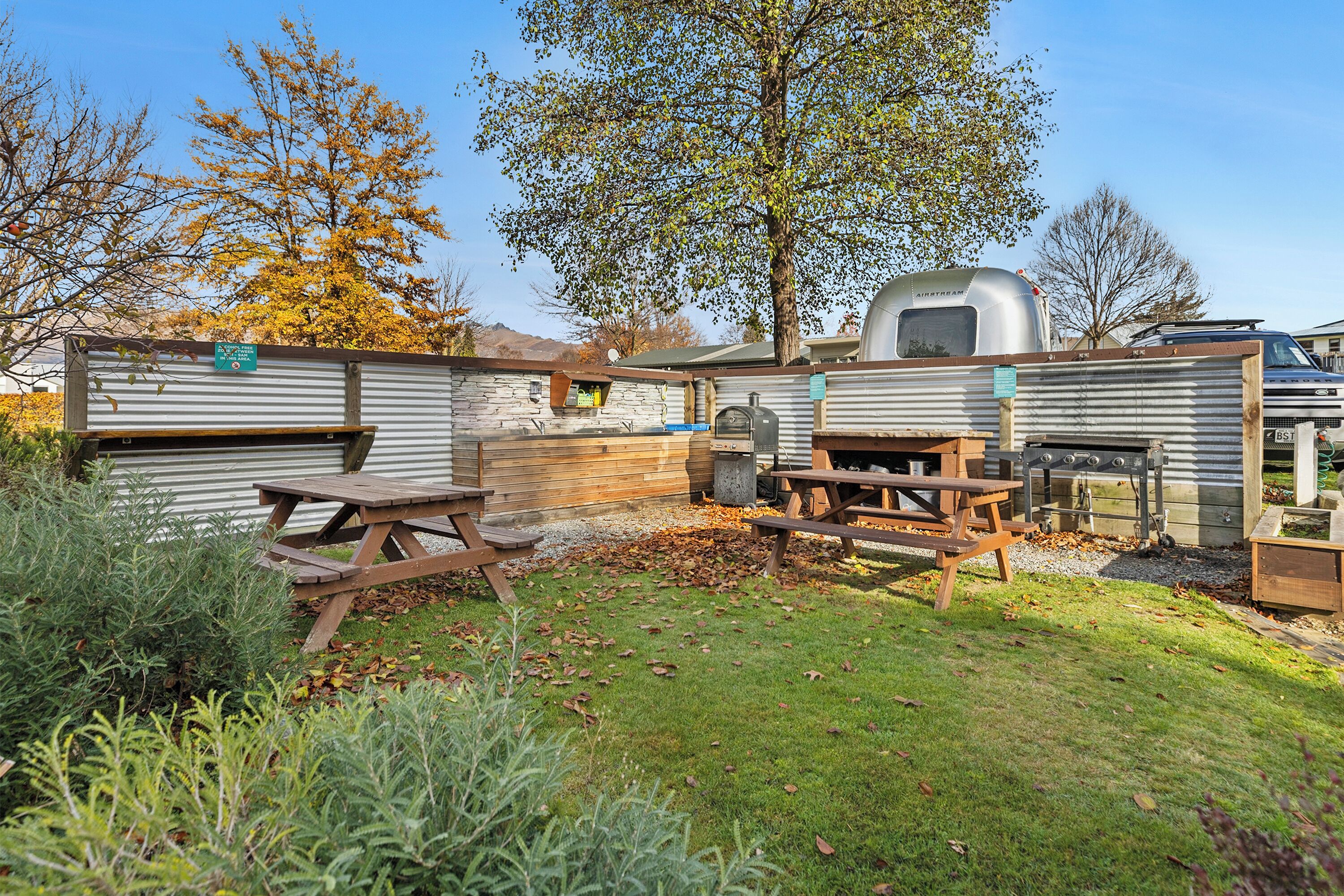 A backyard with a grill, picnic table, and a small shed.
