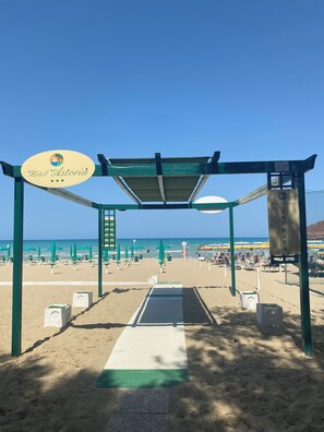 A beach area with a covered walkway, beach chairs, umbrellas, and a sign for Hotel Astoria. - Hotel Astoria (Pineto)