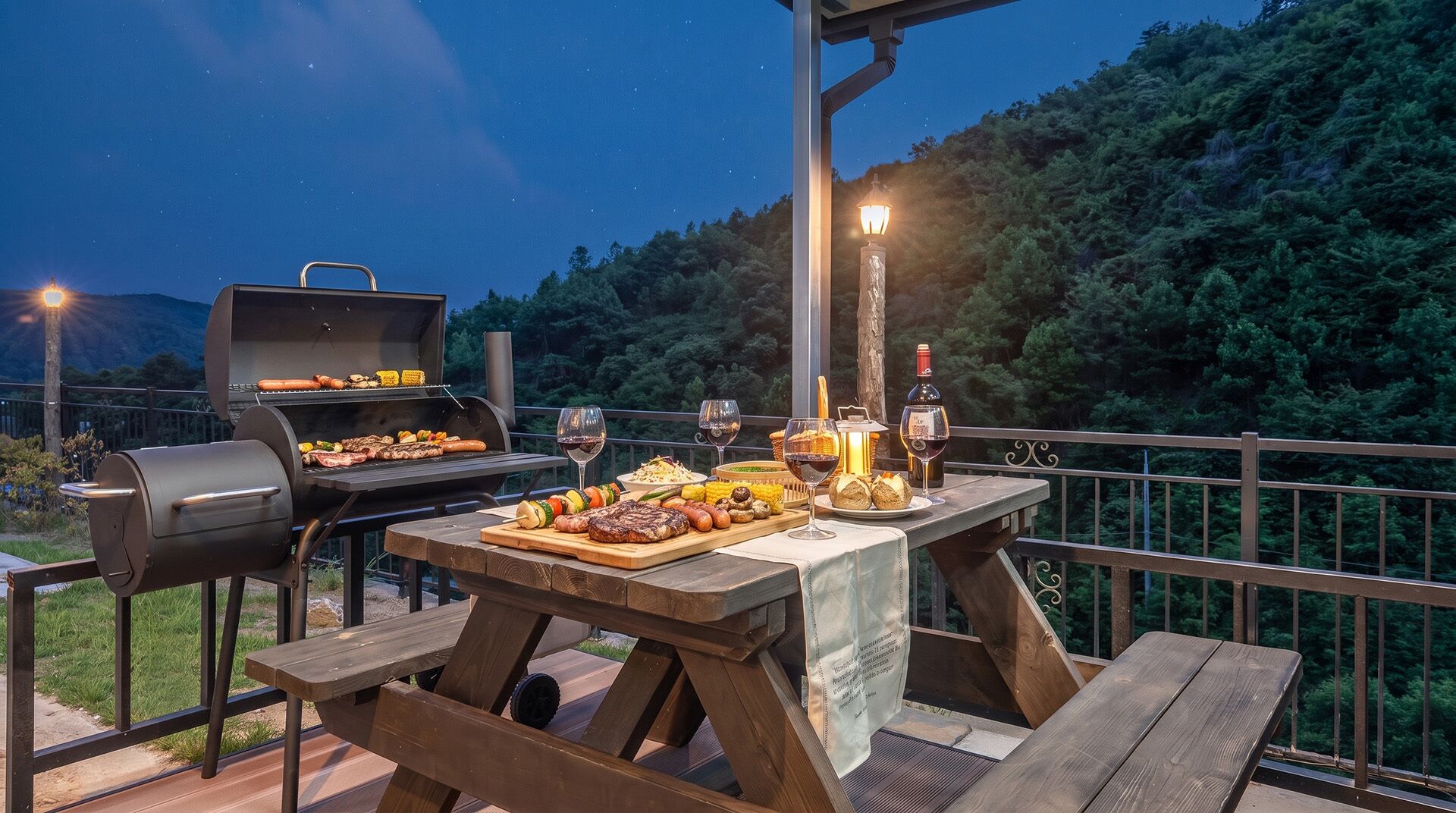 Et udendørs spiseområde med grill, picnicbord og vinglas.