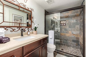 Shower, hair dryer, towels