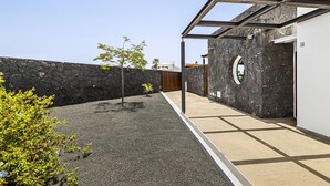 A modern outdoor patio with a stone wall, a wooden door, and a glass structure.