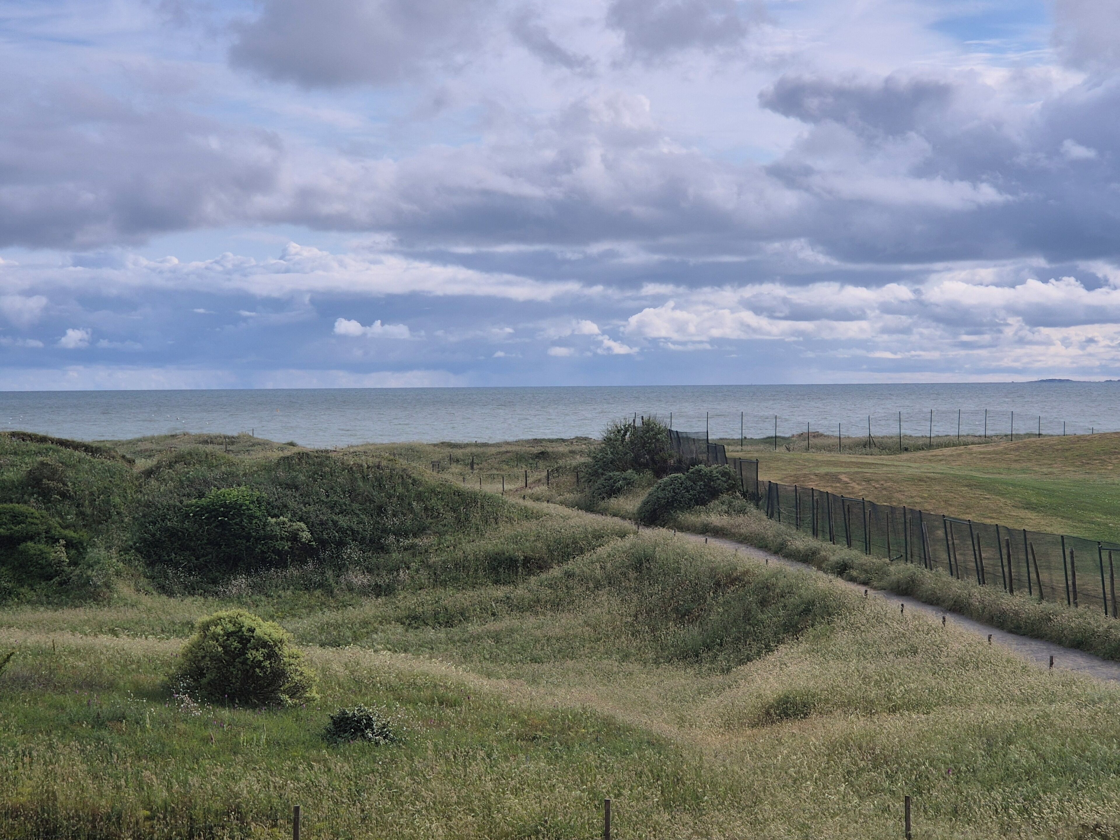 A coastal landscape with a grassy path leading to the sea, under a cloudy sky.