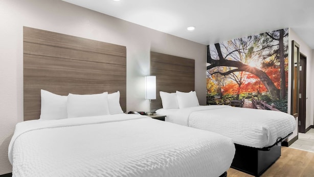 A hotel room with two beds, a nightstand, a lamp, and a large autumn-themed mural on the wall. - Clarion Pointe Fort Worth East - Arlington (Fort Worth)