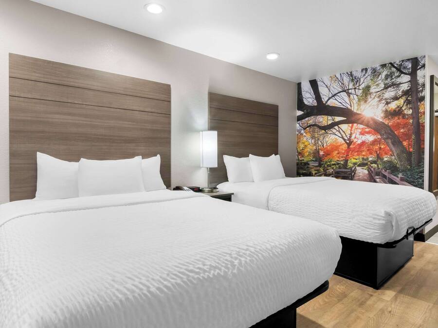 Premium bedding, pillowtop beds, desk, laptop workspace