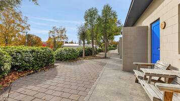 A paved walkway leading to a building with a blue door, surrounded by greenery and trees.