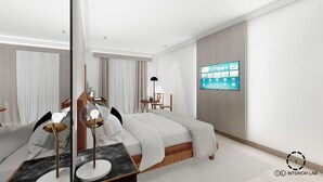 Una camera d'albergo moderna con un letto, un comodino, una lampada e un display digitale a parete.