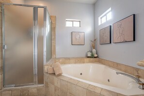 Shower, jetted tub, hair dryer, towels