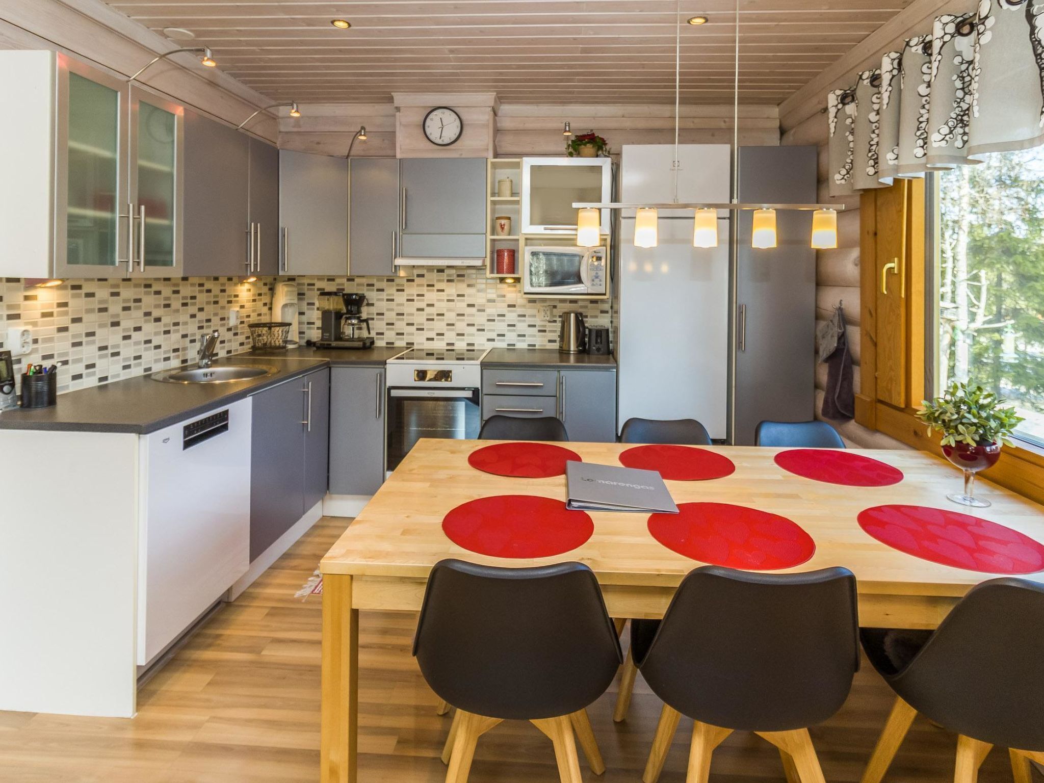 Fridge, microwave, dishwasher, cookware/dishes/utensils