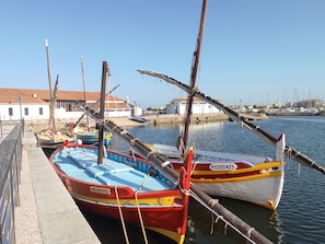 A marina with several boats docked, a white building with a red roof in the background, and a clear blue sky.