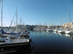 Boats docked in a serene marina surrounded by nearby buildings.