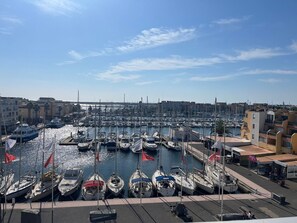 Un puerto deportivo con numerosos barcos amarrados, cielo despejado y edificios al fondo.
