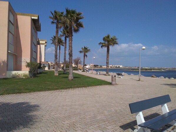 A paved walkway with benches, palm trees, and a building with a flat roof.