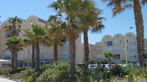 A building with a beige facade, palm trees, and a paved walkway.