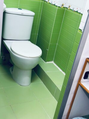 Ein Badezimmer mit Toilette, grünen Fliesen und einer kleinen Ablagefläche.