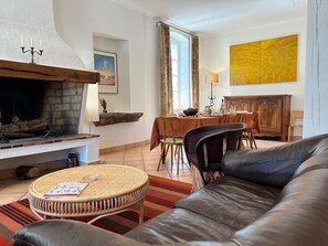 TV, fireplace, books