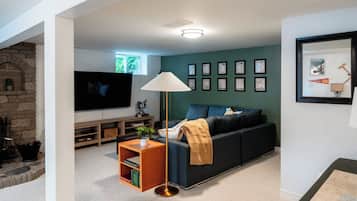 TV connectée, cheminée, jeux vidéo, lecteur de DVD