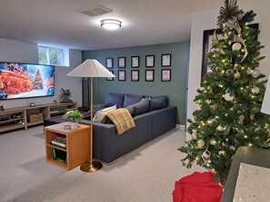 Smart TV, fireplace, video games, DVD player