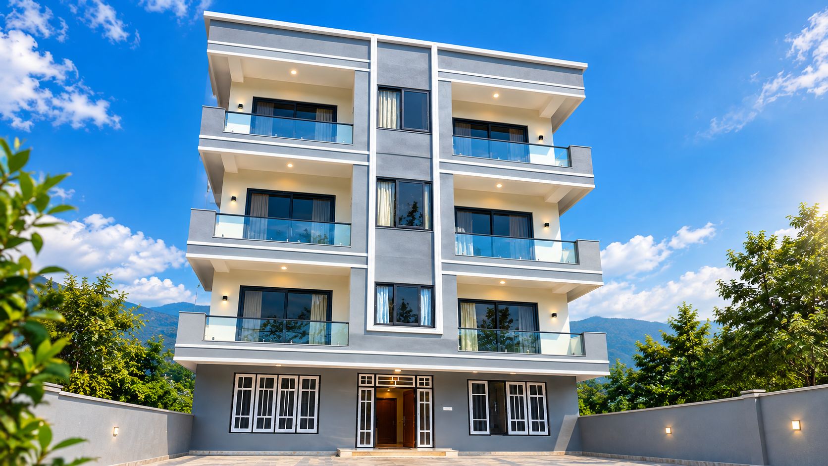 A multi-story building with balconies, large windows, and a clear sky.