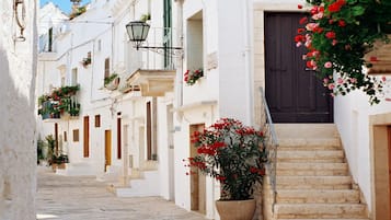 Uma rua estreita com edifícios brancos, uma porta escura e um vaso com flores vermelhas.