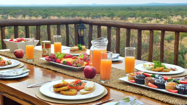A dining table set with various breakfast items, including fruits, pastries, and drinks, overlooking a scenic landscape. - Lucca Lodge  (Musina)