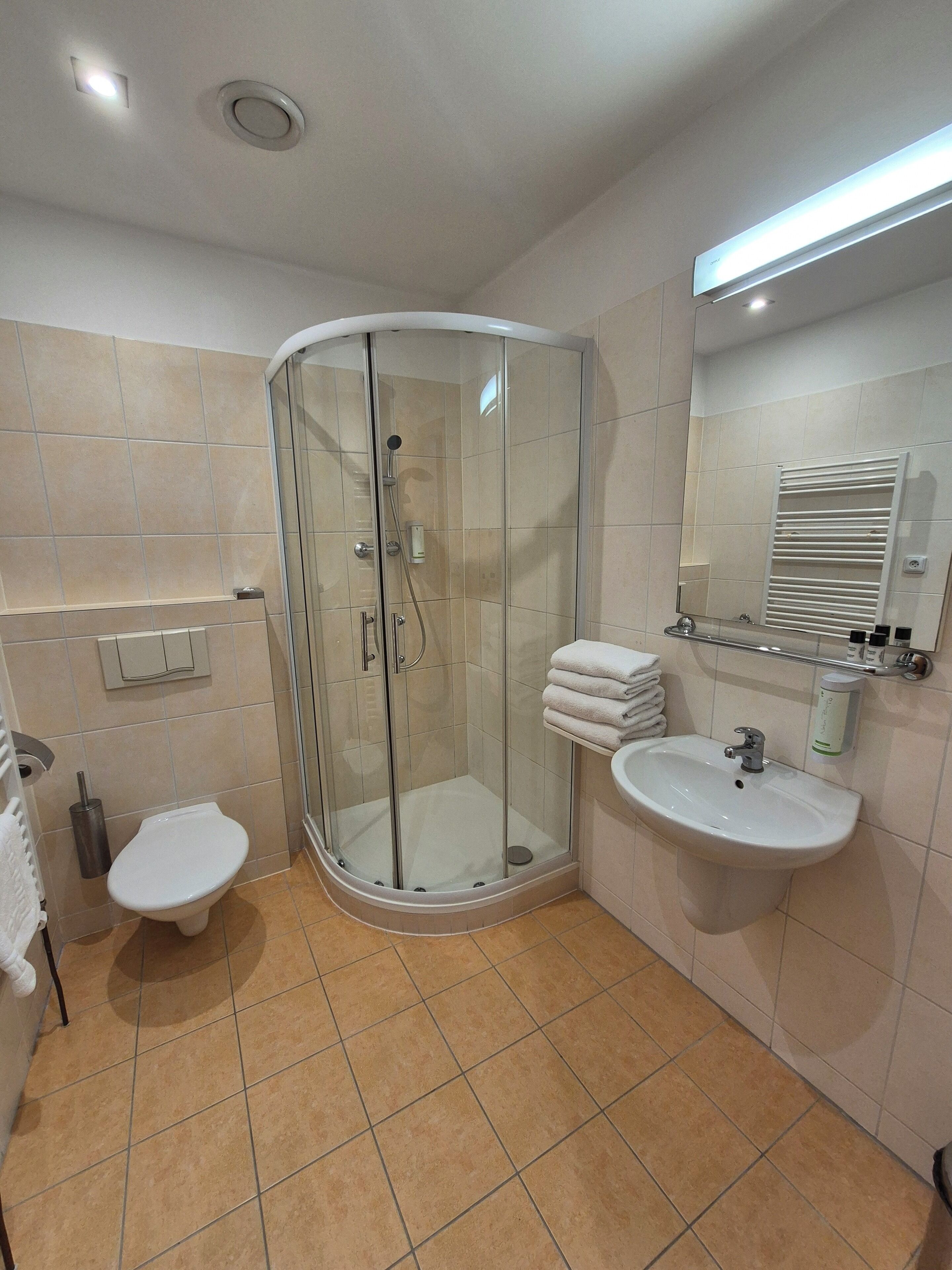 Une salle de bain moderne avec une douche à parois de verre, des toilettes et un lavabo.