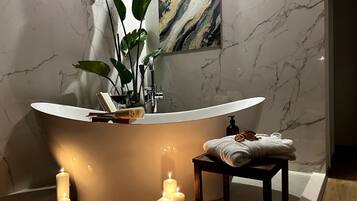 Hair dryer, towels, soap, shampoo