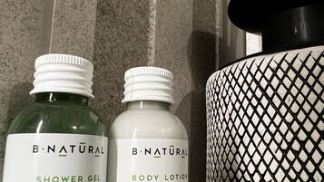 Hair dryer, towels, soap, shampoo