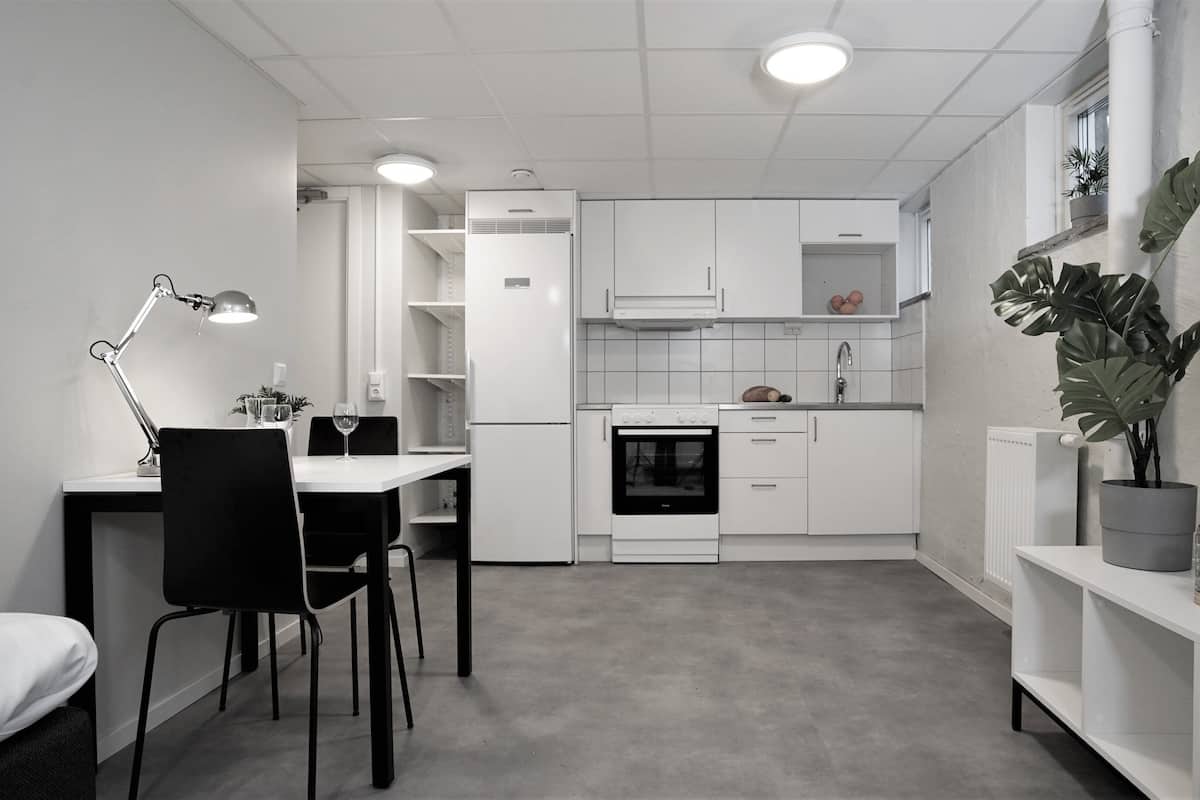 A modern kitchen with white cabinets, a dining area with a table and chairs, and a potted plant.