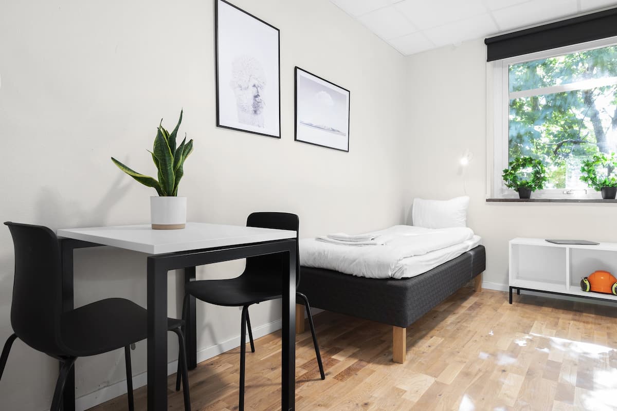 A modern room with a bed, a dining table with chairs, a potted plant, and two framed pictures on the wall.