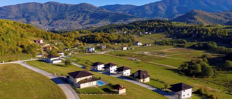 A residential area with houses, a road, and mountains in the background.