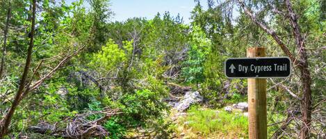 A sign for the Dry Cypress Trail in a wooded area.