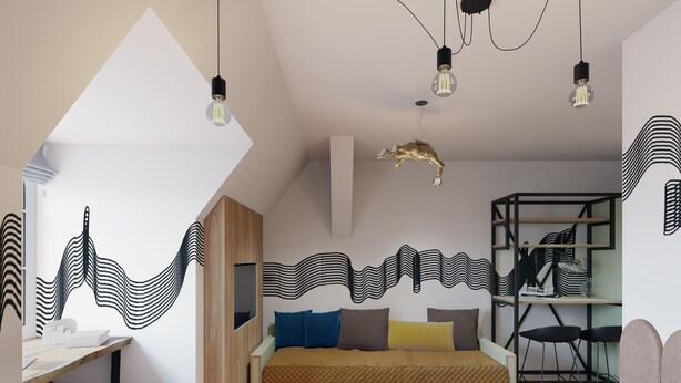 A modern bedroom with a bed, a desk, and a chair. There are multiple light fixtures and a unique wall art piece. - Mezzotel (Gladbeck)
