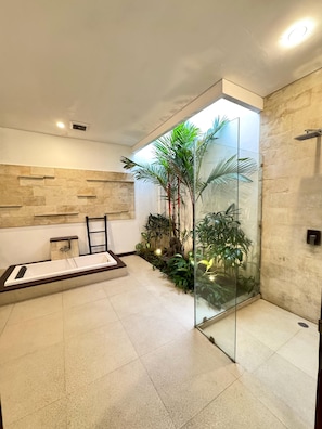 Shower, hair dryer, towels, soap