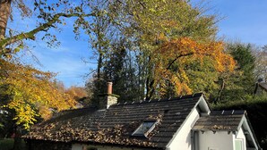 A small, white cottage with a stone chimney, a dormer window, and a wooden fence in the foreground. - Turn up. Switch off Surrounded by trees with stream nearby, perfect escape for 2 (Windermere)