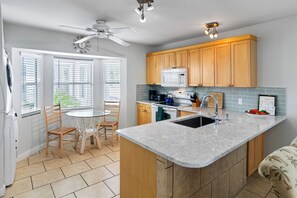Fridge, microwave, stovetop, toaster