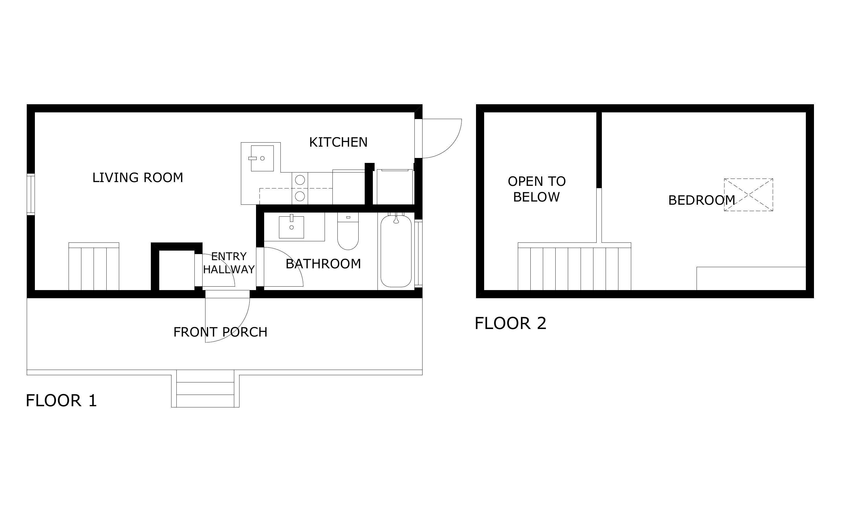 Plano de planta que muestra una sala de estar, cocina, baño, pasillo de entrada y porche delantero en la planta baja, y un dormitorio en el segundo piso.