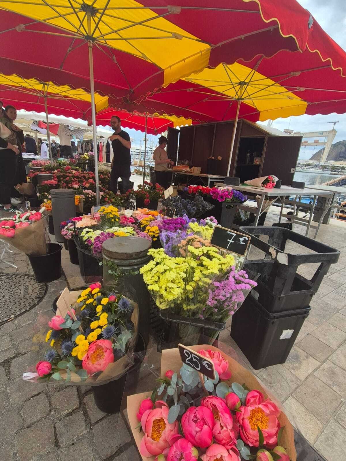 A flower market with various colorful flowers displayed under umbrellas.