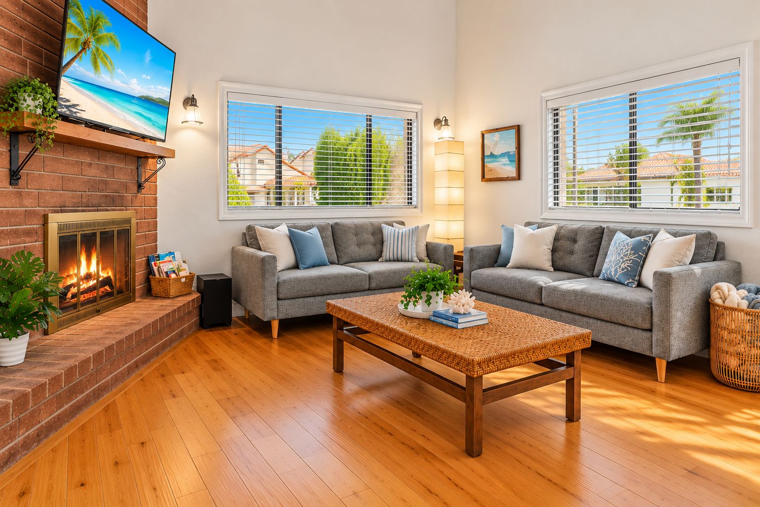 A living room with two grey sofas, a wooden coffee table, a fireplace with a TV above it, and large windows with blinds.