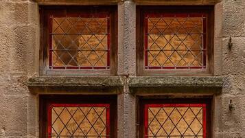 A building facade with four windows, each with a wooden frame and a diamond-patterned grille.