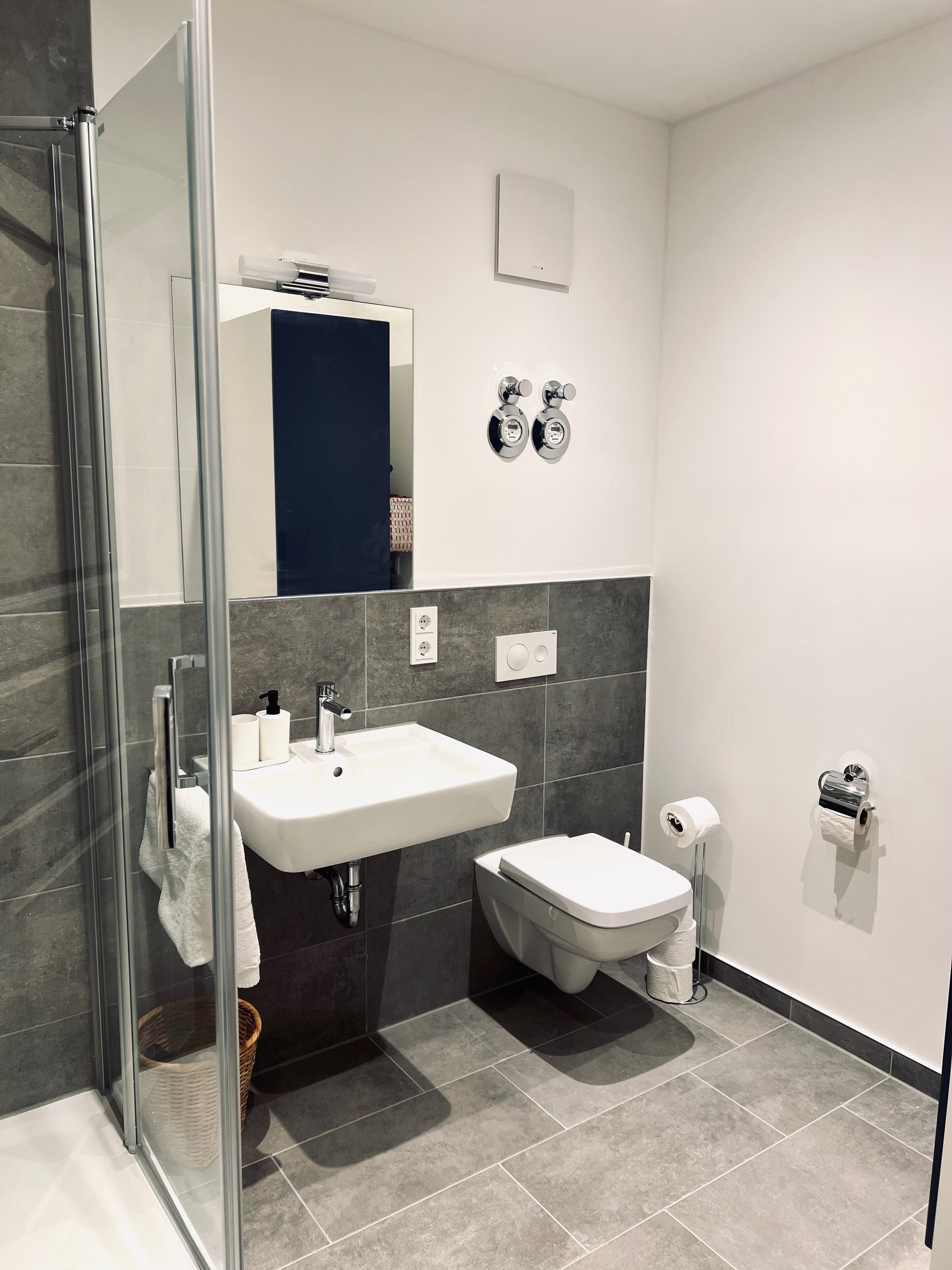 A modern bathroom with a glass shower enclosure, a white sink, a toilet, and a towel rack.