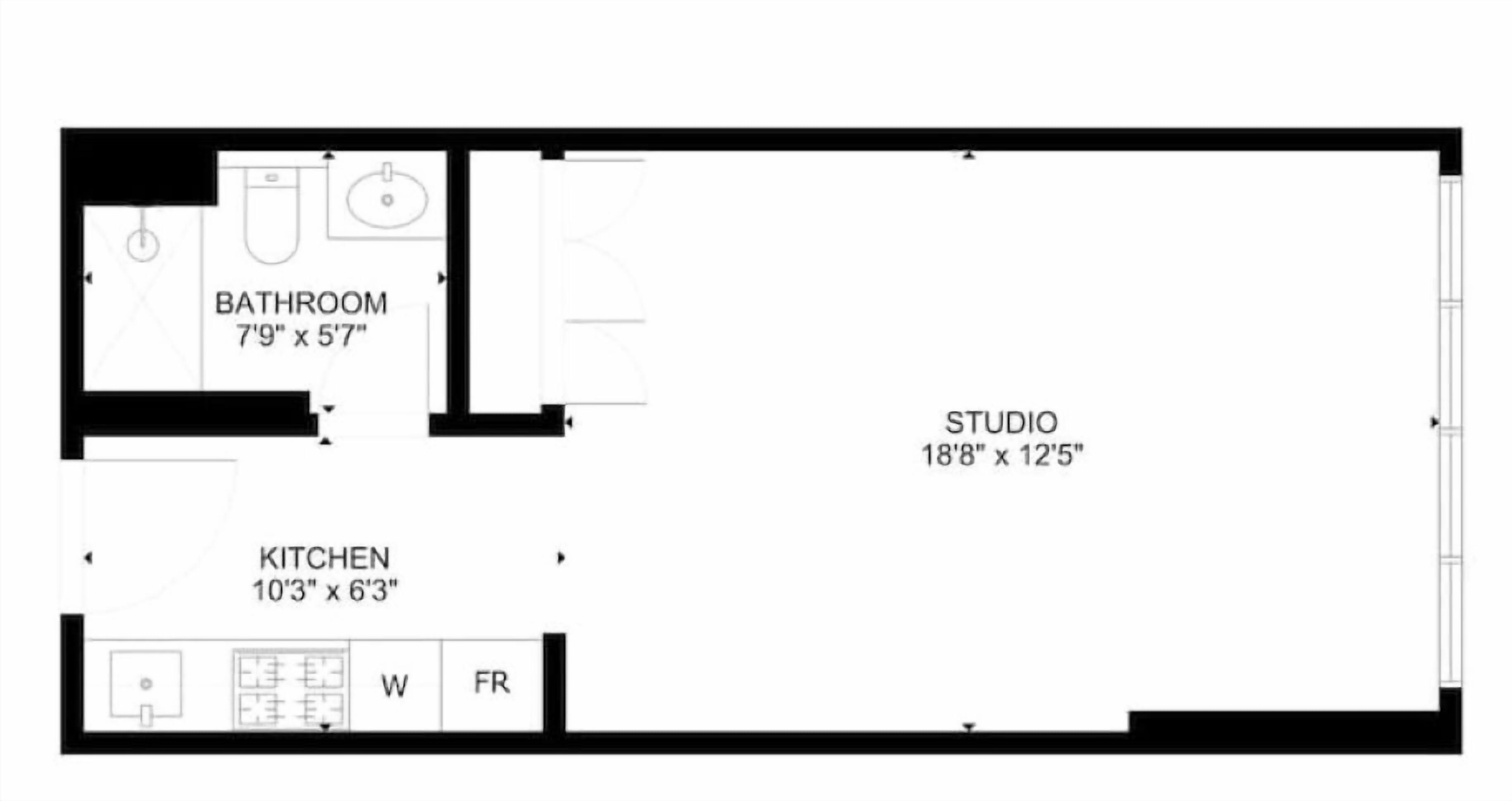 Plano de planta que muestra un baño (2,36 m x 1,70 m), una cocina (3,12 m x 1,90 m) y un estudio (5,69 m x 3,81 m).