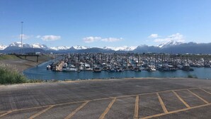 A marina with boats docked, a road leading to it, and snow-capped mountains in the background. - Wilderness Escape 2 bedroom 1 bath 4 guests (Sterling)