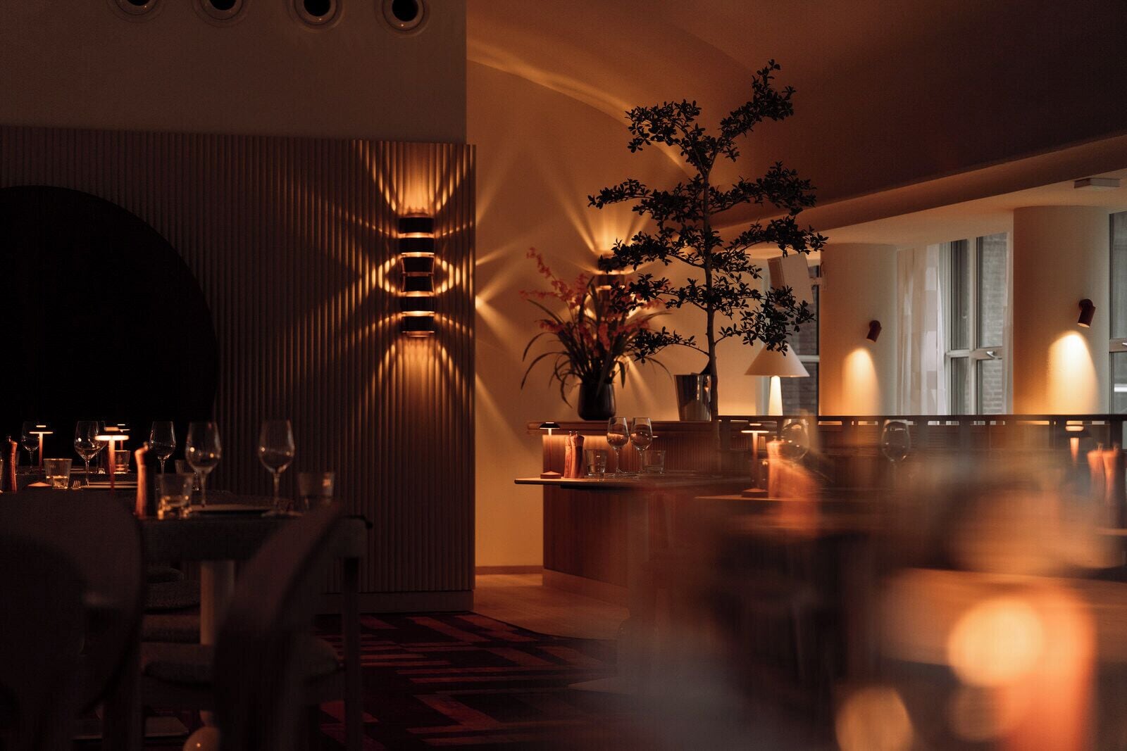 Un restaurant à la lumière tamisée, doté d’un intérieur moderne, avec une longue table à manger, des chaises et une plante décorative.
