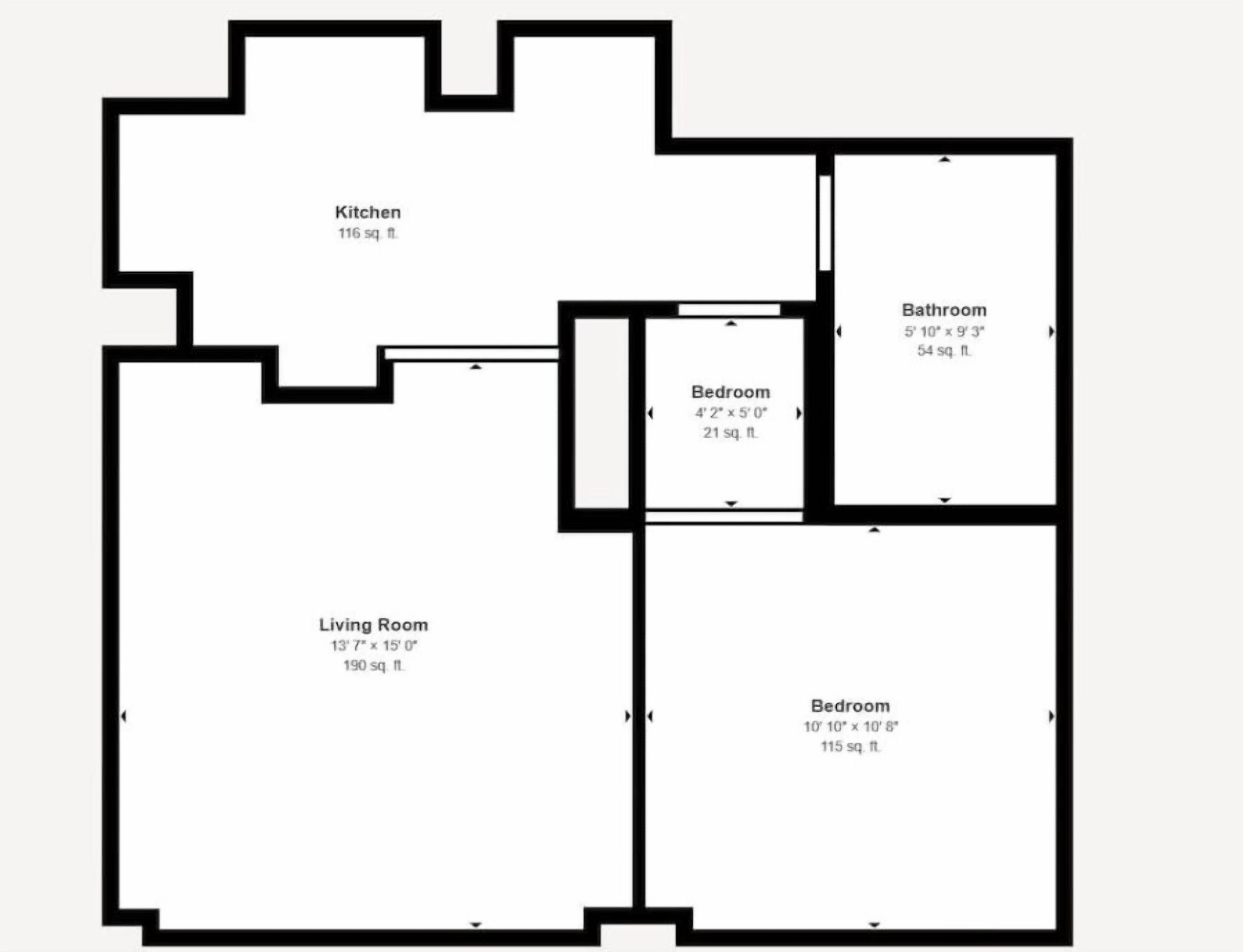 A floor plan with a kitchen measuring 116 sq. ft., a bathroom measuring 54 sq. ft., a living room measuring 190 sq. ft., and two bedrooms measuring 21 sq. ft. and 115 sq. ft. respectively.