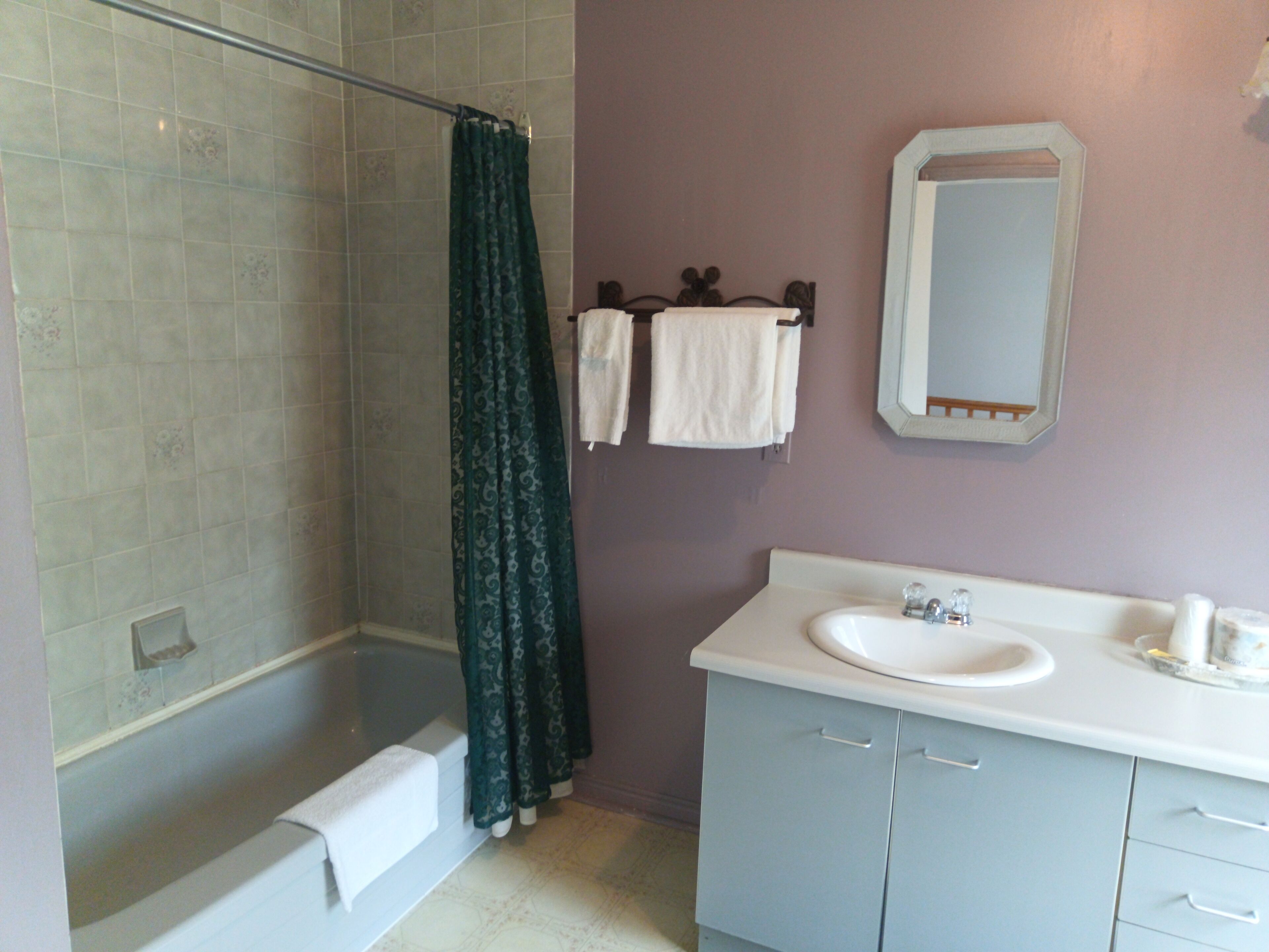 Un baño con bañera, ducha, lavabo y espejo.