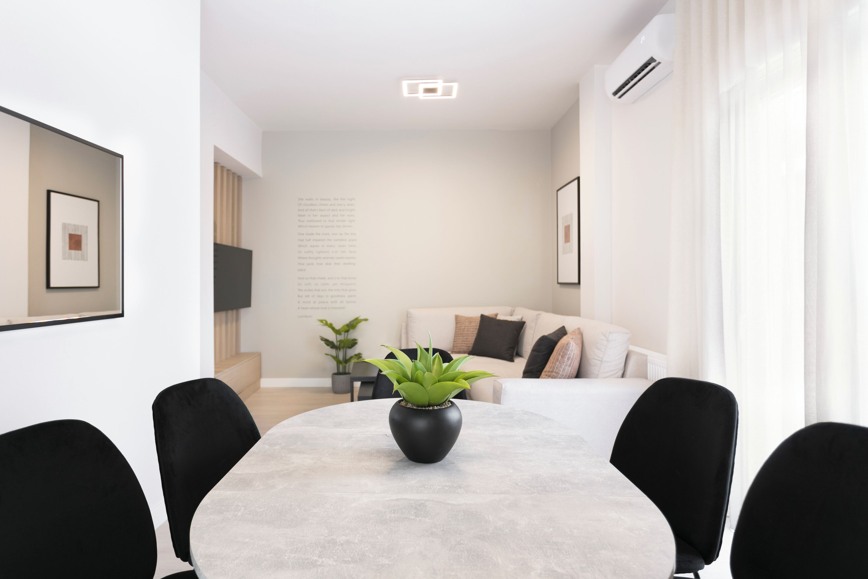 Una sala moderna con una mesa redonda, sillas negras, un sofá y una planta en maceta.