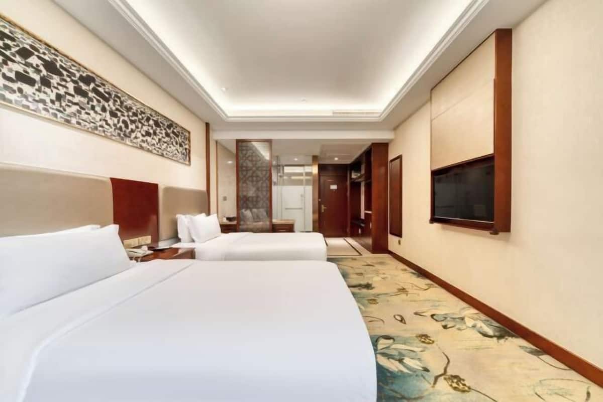Une chambre d’hôtel avec deux lits, un grand miroir, un téléviseur à écran plat et un élément décoratif mural.