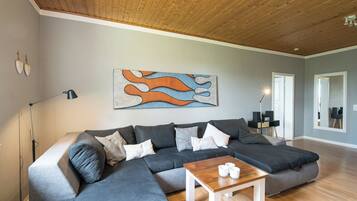 Smart-TV, Kamin, Bücher, Stereoanlage