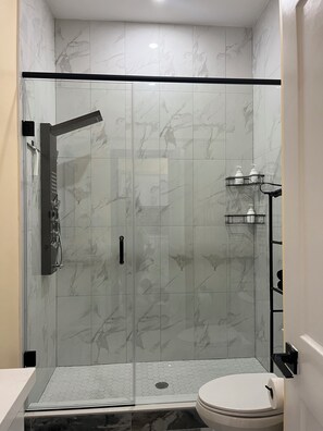 Dusche, Haartrockner, Handtücher, Seife
